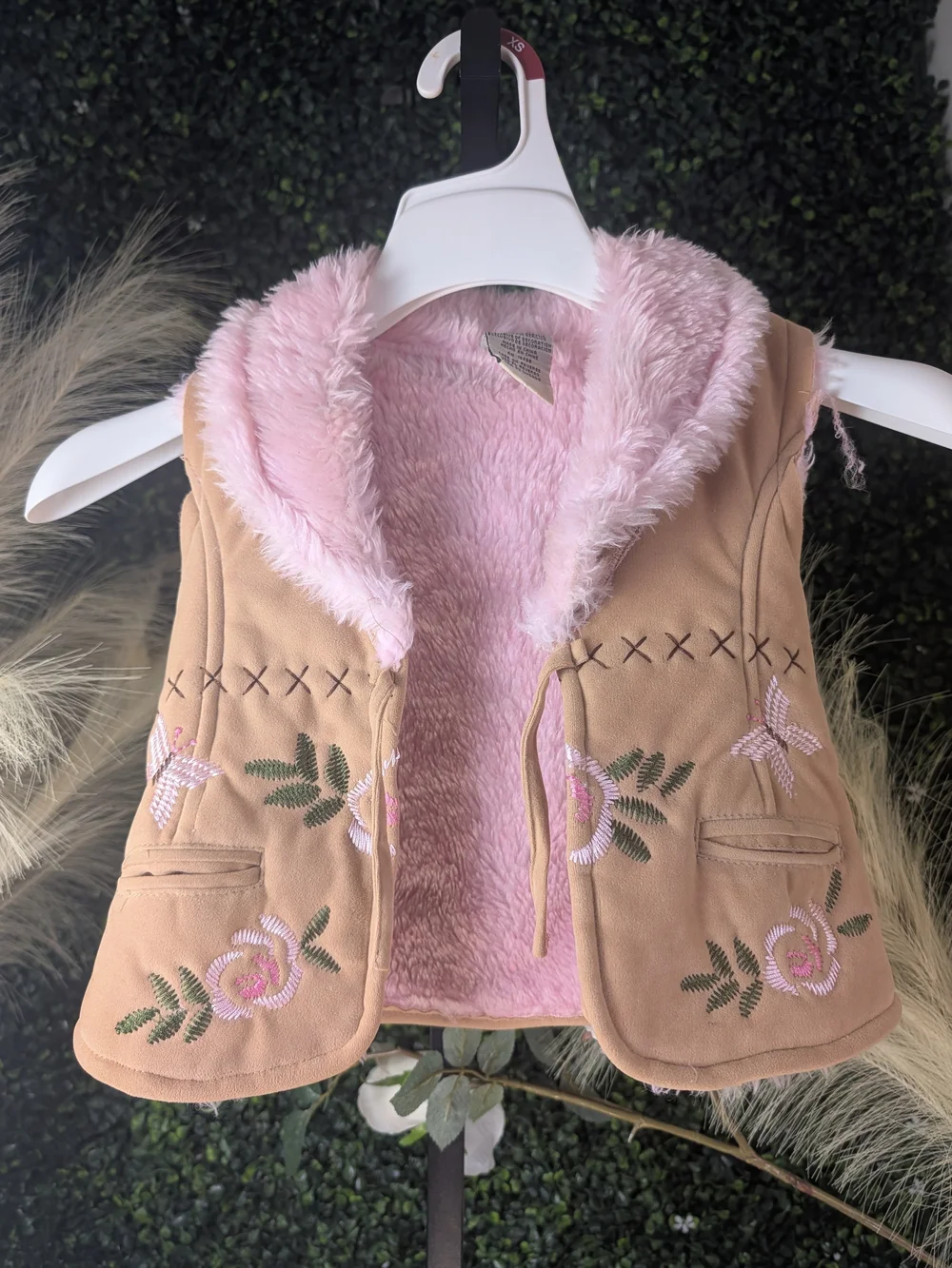 Girls Tan Faux-Suede Vest with Pink Faux-Fur Lining